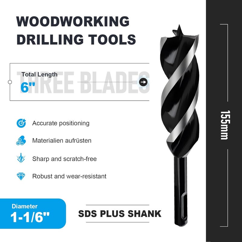 WOBLLMX 1-1/6" x 6" Auger Drill Bit with SDS Plus Shank for Wood,Tri Flute Ship Auger Long Drill Bit for Soft and Hard Wood,Tree Stump,Plastic,Drywall and Composite Materials - Image 2